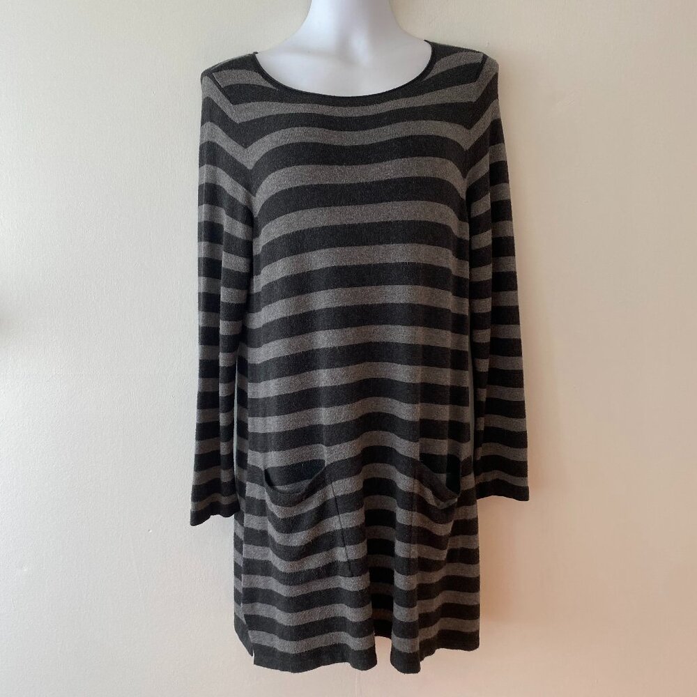 Eileen Fisher Cozy Viscose Stretch Stripe Tunic Dress Black Grey Womens Medium